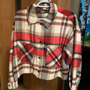 Zara Women's Red and Cream Plaid Utility Jacket